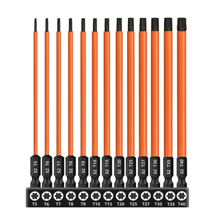 Set 13 biti Torx pentru surubelnita cu magnet S2 dimensiuni T5-T40 150mm varf magnetic finisaj oxid negru rezistent la coroziune OUYLAF portocaliu/negru