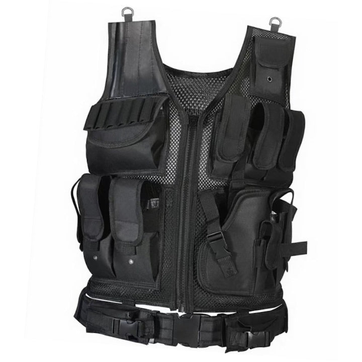 Tactical vest. Oxford canvas material, breathable and waterproof, lightweight and durable, with multiple pockets and a zipper design for versatile use, adjustable, black, universal.