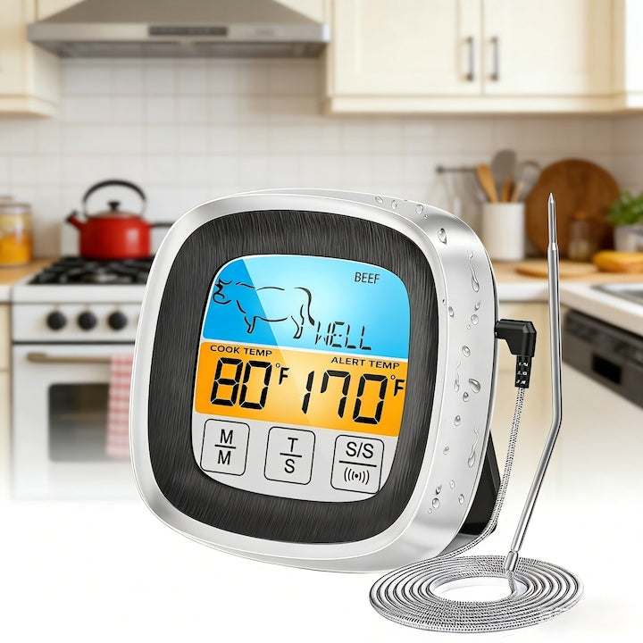 Termometru Digital de Cuptor Wacorresi Termometru de Carne Digital de Ecran Tactil Citire 1 Secunda Temporizator Alarma Suport Magnetic Sonda Inox Rezistenta la Apa cu Lungime Cablu 1 m pentru Gratar Cuptor BBQ Argintiu/Negru