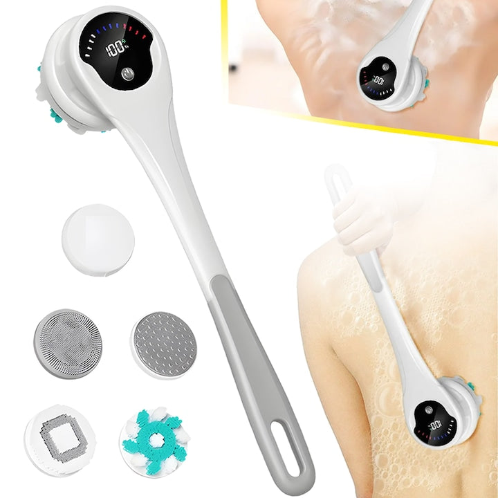 Electric Body Brush Back Exfoliator Shower Brush with Long Handle and 5 Interchangeable Heads USB Rechargeable Deep Cleaning Exfoliator Soft and Waterproof Bath Brush