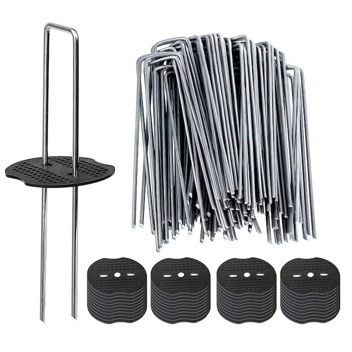 Set 50 bucati cuie metalice SINBINTA Cuie de fixare pentru gradina Cuie de fixare in forma de U pentru gazon Cu 50 buc garnituri Usor de instalat Pentru fixare folie antiburuieni Otel 2.5mm * 4cm * 15cm Argintiu