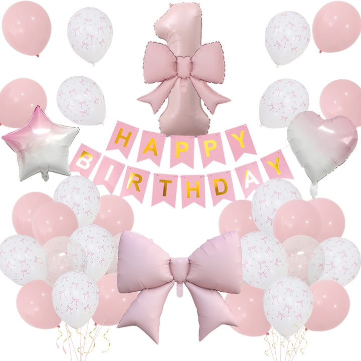 Set Baloane Petrecere 1 An Bebelus Roz Alb Pastel - Banner La Multi Ani Numar 1 XXL Funde Mari Inima si Stea Gradient + Kit Decor
