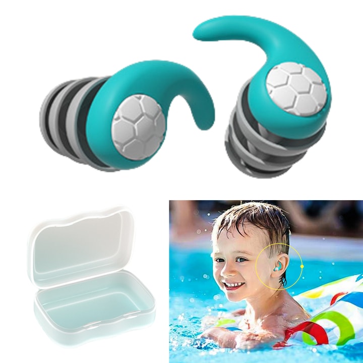 Set dopuri pentru urechi cu reducere a zgomotului de inot Copiii Silicon ecologic 1 pereche cu cutie de depozitare trei straturi de anulare a zgomotului se potriveste formei urechii Lavabile Reutilizabile Cyan