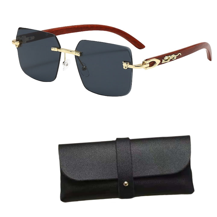 Inhwatek - Ochelari de soare dreptunghiulari protectie UV400 model Retro Vintage Metal leopard cu granulatie din lemn fara rama unisex Negru