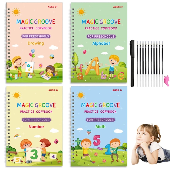 Caiet Scris Reutilizabil pentru Copii cu Linii Reliefate - 4 Caiete Exerseaza Scrisul Litere Cifre Desen - Set Educational 3-8 Ani (4 Caiete + 10 Creioane + 1 Adaptor 19x13 cm)