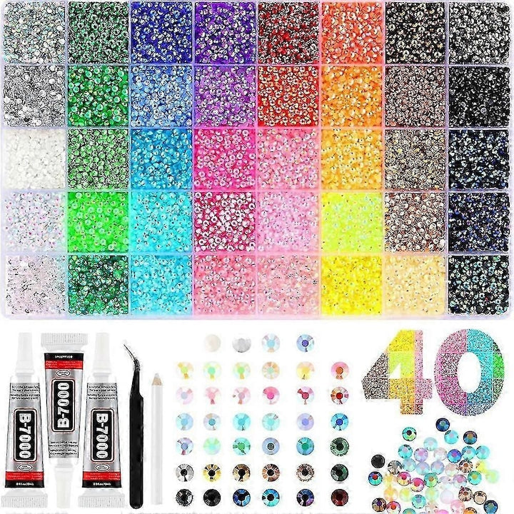 3mm flatback resin rhinestones, multicolor mix, 40 colors, set of 32,000 pcs with tweezers and glue