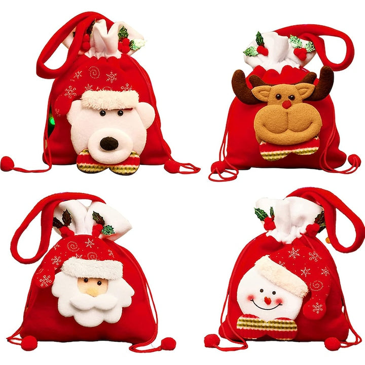 Set 4 saculeti cadou Craciun Rqiurpn Mos Craciun Om de Zapada Cerb Multicolor