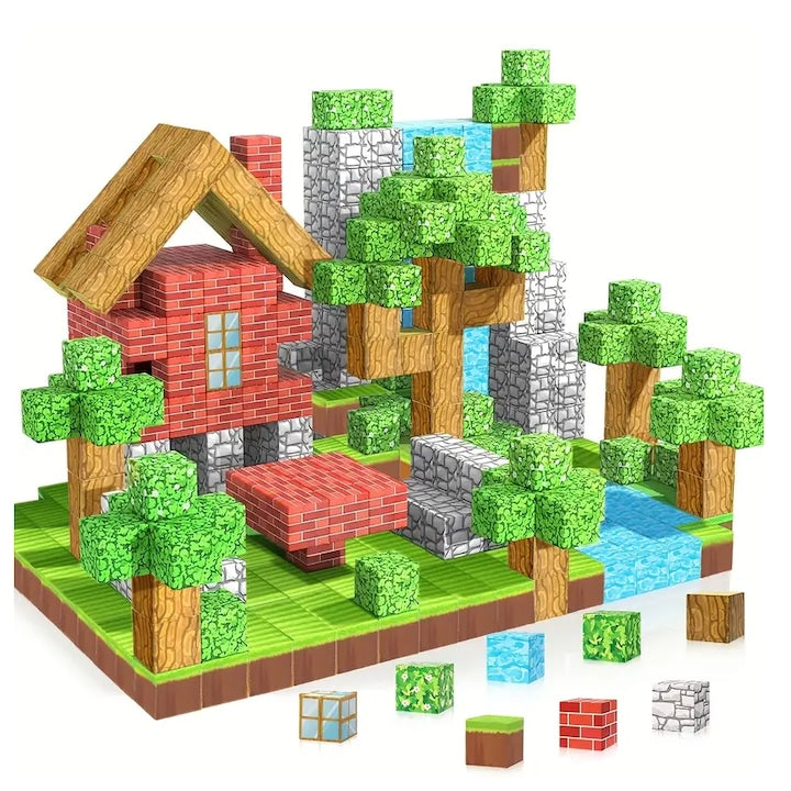 Set de Constructie Magnetic Minecraft 100 Piese cu 3 figurine Multicolor