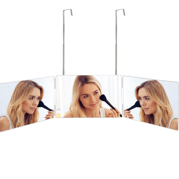 Oglinda Trifold Cu LED Puternic 360° Reglabila In Inaltime Cu Carlige Extensibile Suport Metalic Sus Permite Observarea Detaliata A Machiajului Din Mai Multe Unghiuri barbierit Usor De Utilizat De Catre Femei La Machiaj Zilnic Sau Profesional Alb
