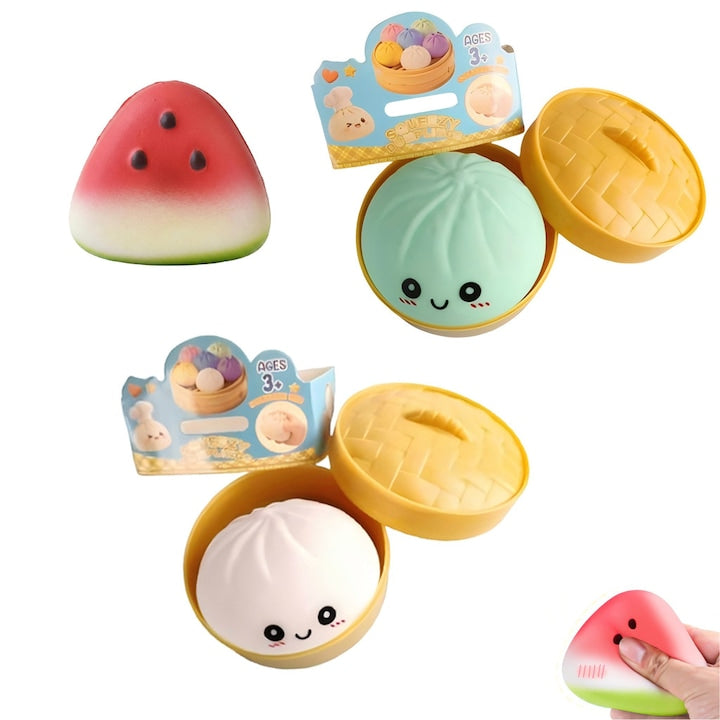 Set 3 Jucarii Antistres Squishy Galuste Model 2 Chifle Alb si Verde + Felie Pepene cu Cos de Abur Revenire Lenta Senzoriala