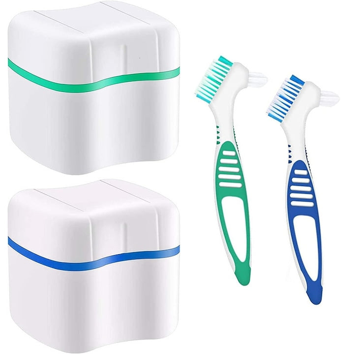 Set 2 cutie depozitare proteza dentara cu 2 perie de curatat proteze dentare pentru aparat dentar lucrari dentare Albastru/Verde