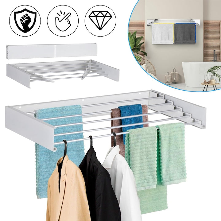 CHOOLY White Foldable Laundry Drying Rack, 5 Rods, 15-20 kg, Wall Mounted, 80x40x10cm