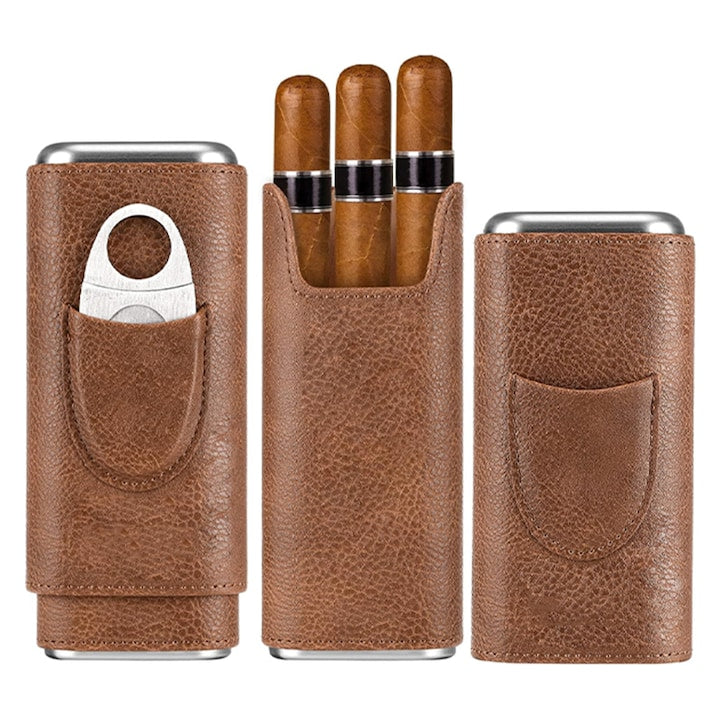 Cigar Case, Rqiurpn, For 3 Cigars, With Stainless Steel Cutter, Leather, Dustproof, Portable, Easy to Use, Universal, Durable, Brown