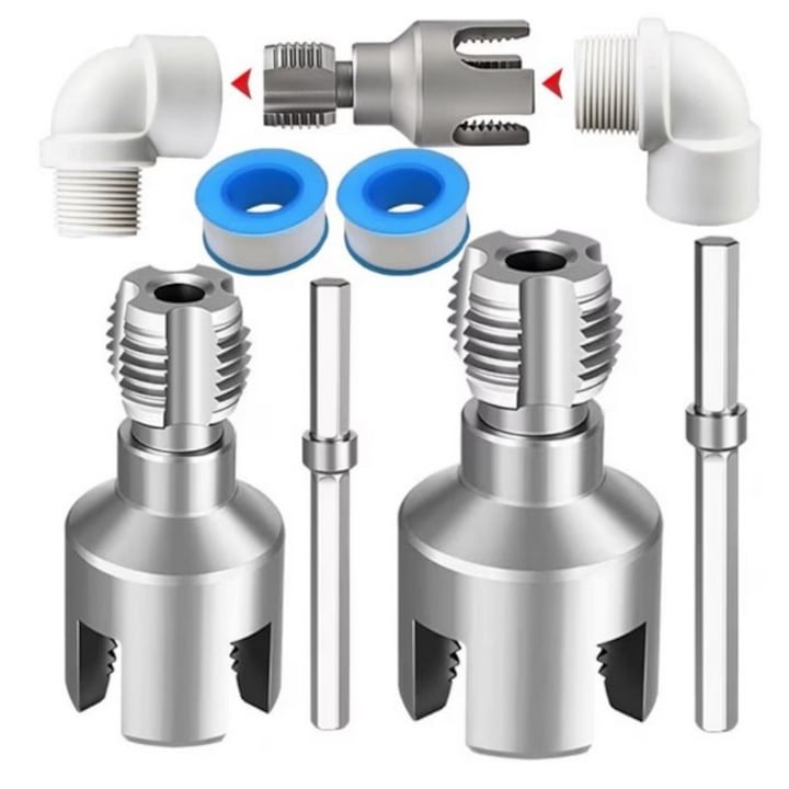Set de 4 bucati pentru filetare teava apa instrumente pentru taierea tevilor PPR + banda de etansare DN15+DN20 reparatie cu suruburi de tip electric - 1/2 si 3/4 tevi interne si externe