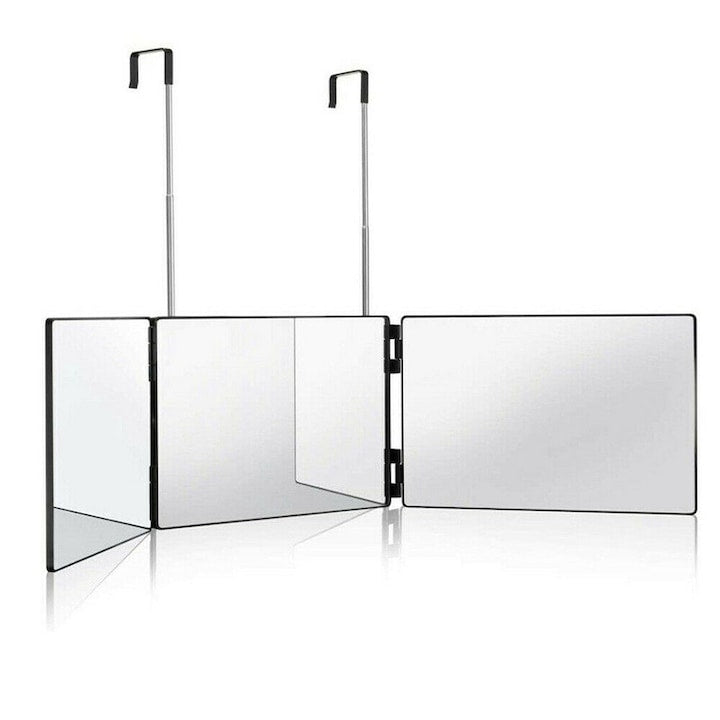 Oglinda cosmetica 3-way buyya Oglinda cosmetica plianta 3 panouri 32x19.5x3cm material ABS + sticla set cu 2 suporturi suspendate Pliabila Usor de Transportat Inaltime Reglabila Potrivit Pentru Coafare Barbierit Ingrijire Colorare si Machiaj