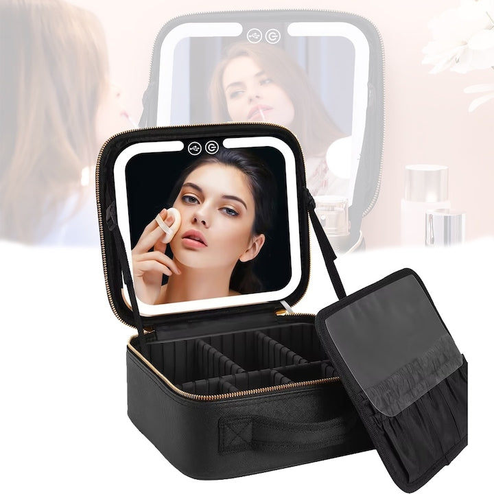 Geanta cosmetice dotata cu oglinda LED compartimente reglabile potrivita pentru organizarea cosmeticelor acasa sau in voiaj profesionala neagra