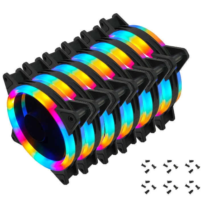 Set 3 ventilatoare gaming pentru carcasa PC 120 x 120 mm RGB cu inel dublu 4 pini 11 pale rulment hidraulic OUYLAF Negru