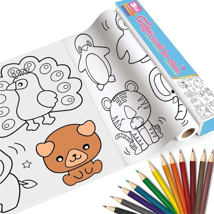 Rola de hartie autoadeziva decupabila ZOUN caiet de desen pentru copii contine 12 creioane colorate potrivit pentru desen si colorat dimensiuni 300x30 cm tematica cu animale