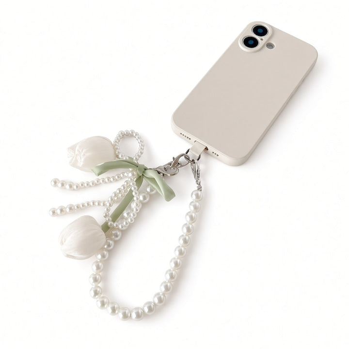 Snur pentru Telefon Scurt Tip Bratara cu Perle si Lalele Albe Elegant Detasabil cu Garnitura Anti-pierdere Universal Alb