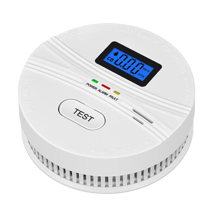 Detector 2 in 1 Monoxid de Carbon si Fum Rqiurpn Senzor dual Display LCD pentru monitorizare a Concentratiei de Gaz in Timp real Indicator stare led Avertizare sonora Alimentare baterii Alb