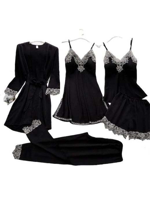 OEM - Set 5 piese pijamale dama Satin Negru 12 rate cu 0% dobândă