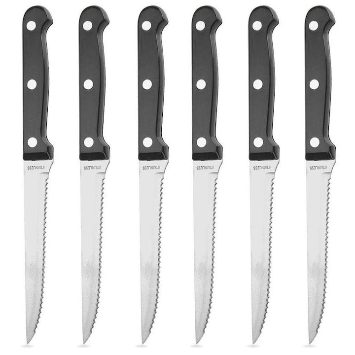Set of 6 Steak Knives, Excellent Houseware, 21x11 cm, Stainless Steel Serrated Blade, Solid Black Handles, Easy to Use, Ideal for Cutting Steaks, Pizza, and Burgers, Black
