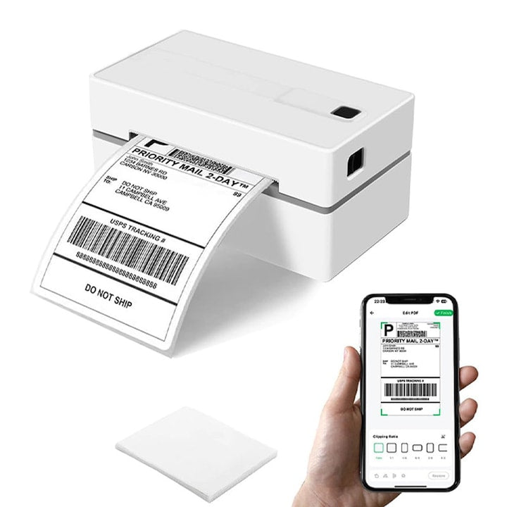 Imprimanta termica portabila pentru etichete Omelivon 203 dpi Viteza printare 18 cm/s Bluetooth & USB Fara cerneala Ideala pentru etichete & AWB-uri 25 etichete incluse Compatibila iOS/Android/Windows/MacOS Aplicatie Telefon Alb