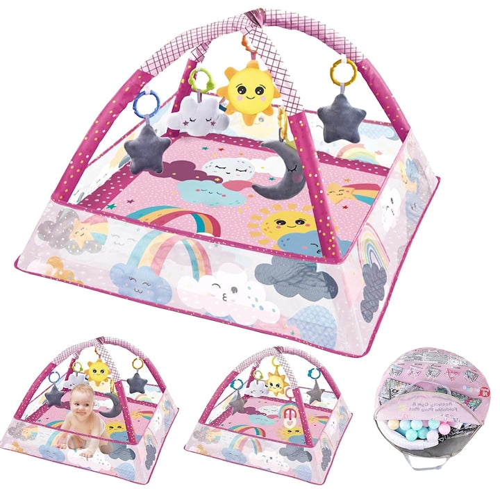 3-in-1 Activity Mat and Play Space Wacorresi, 4 Detachable Sensory Toys, with 18 Ocean Balls, Quick Folding, Soft Material with Thermal Protection, Easy to Clean, Non-Slip, Pink