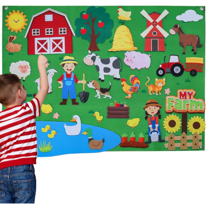 DicBoster Montessori Toy Set Felt Farm 4 animals 105x75cm polyester