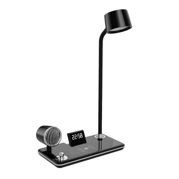 Veioza lampa LED Smarter Fantasy incarcator wireless QI pentru telefon sau casti port USB lumina in 3 culori-calda sau rece Ceas Sistem audio Bluetooth Sursa de lumina poate fi rotita la 360° pentru casa si birou dormitor living Negru