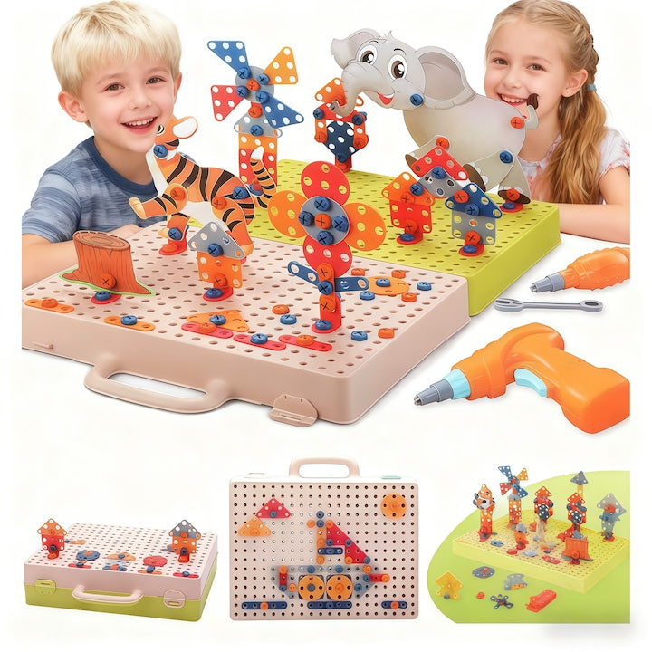 Jucarie educativa si interactiva RorAem Set de constructie cu blocuri cu surubelnita bormasina autofilentanta set de constructie puzzle pentru inginerie pentru fete si baieti cu varsta peste 4 ani Multicolor