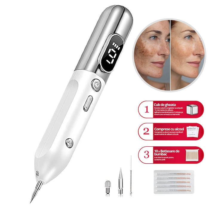 Aparat Plasma Pen LittleDomi Indepartare Petelor Negilor Pistruilor Cicatricelor Alunitelor Tatuajelor Lifting Pleoape Ecran LCD 9 Trepte Portabil Reincarcabil Lampa 1x Cub Gheata Inox 2x Servetel cu Alcool 10x Betisoare Alb