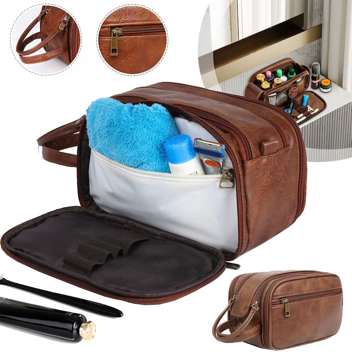 Waterproof PU Leather Toiletry Bag 26.5x15x16cm Large Capacity Brown