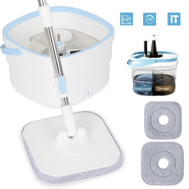 Rotary Mop System With Bucket Double Chamber For Clean And Dirty Water 360° Rotating Mop With Self-Wringing Integrated Scrub Brush And 2 Reusable Microfiber Mop Pads