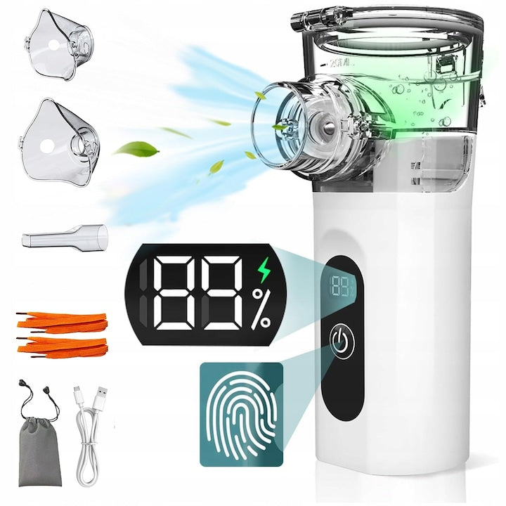 Aparat Aerosoli Nebulizator Ultrasonic Portabil validat clinic 3 Moduri Ajustabile Particule 3.7µm Ultra Silentios Tehnologie Mesh,Functie de Auto-Curatare Acumulator 800 mAh Masca Copii si Adulti Duza incluse Reincarcabil Alb