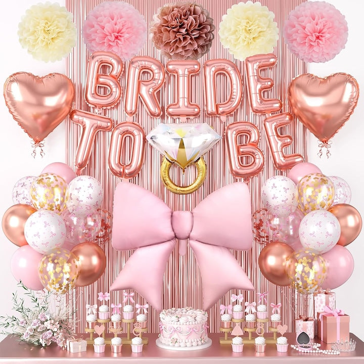 Set Baloane Petrecere Burlacite Bride to Be Rose Gold - Litere Bride to Be Funda Mare Roz Inel Diamant Perdea Franjuri 2m + Baloane