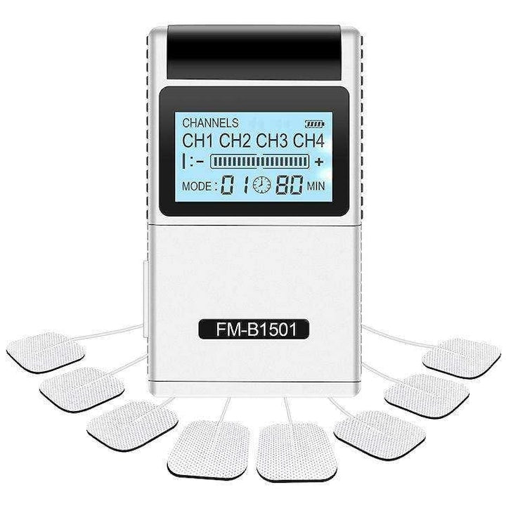 WALALLA Electro-stimulation Massager for Pain Relief, Digital Display, 15 Massage Programs, 20 Modes, 8 Electrodes, Silver, 4x4cm