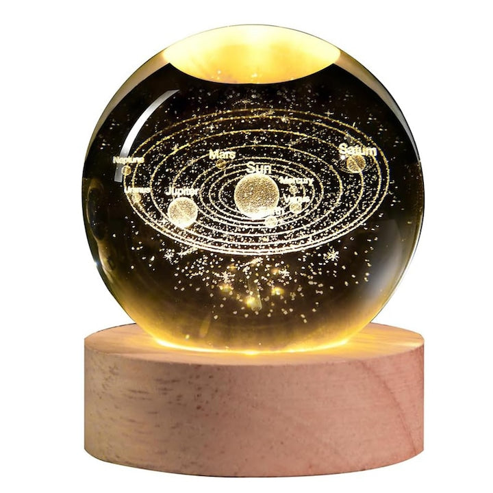 Glob de cristal decoratiune pentru mobilier sfera de sticla 3D sistem solar Fudisenn Sola System lampa de masa cu cer instelat cu baza LED din lemn lampa decorativa cadou pentru pasionatii de astronomie 6cm transparent/natural