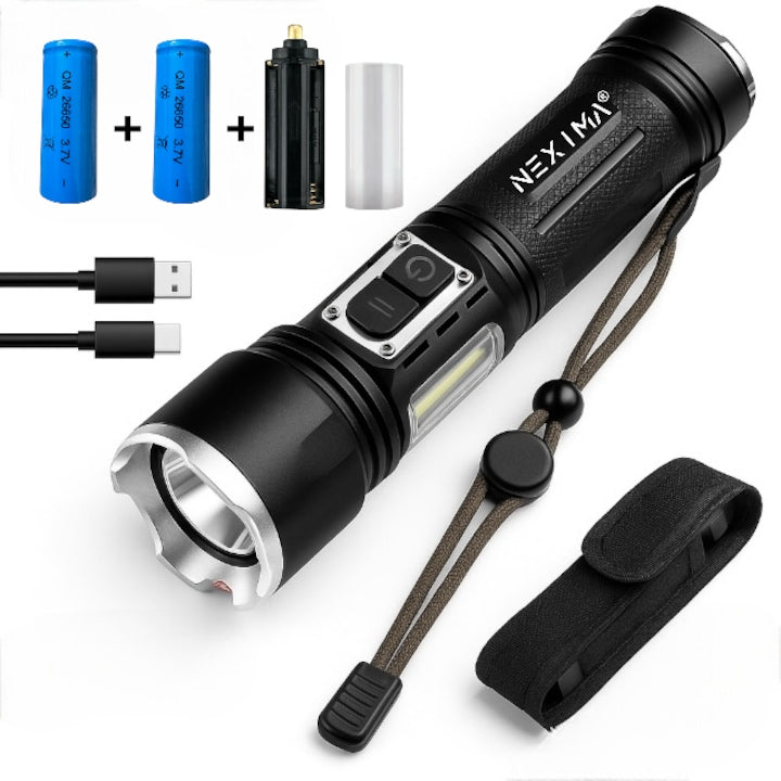 Lanterna puternica profesionala NEXIMA® LED XHP160 din aluminiu 5 moduri iluminare + COB 4 moduri waterproof IPX4 set cu 2 baterii 26650 5000mAh