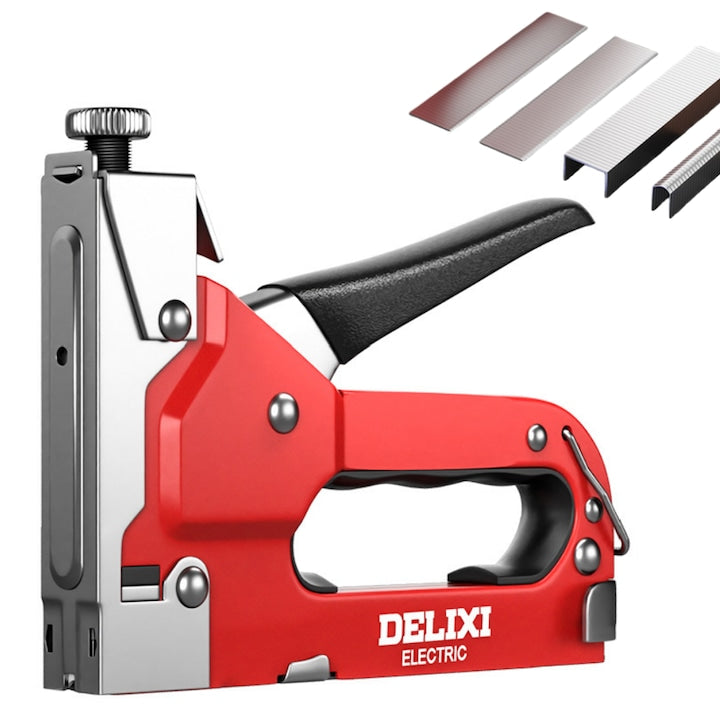 4-in-1 Stapler with 4 Types of Staples, 800 pcs, 4-16 mm, Quick Release Button, Adjustable Intensity, Suitable for Decorative Furniture, Carpentry, Flooring, Paneling, Doors and Windows, Upholstery, Fixing Electrical Cables