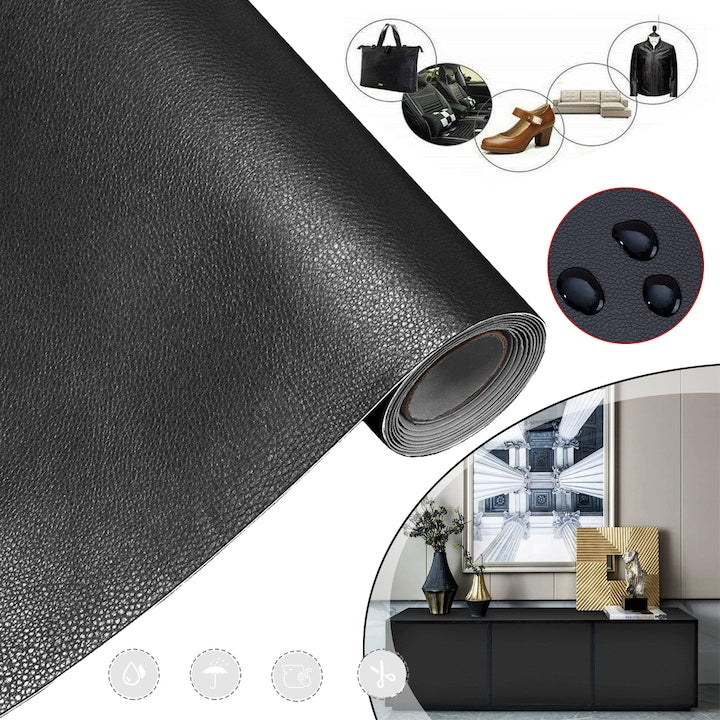 Self-Adhesive Leather Repair Patches 45x200cm, Leather Stickers for Car Seats, Black Faux Leather Fabric for Upholstery, Couch Patch Kit, Black