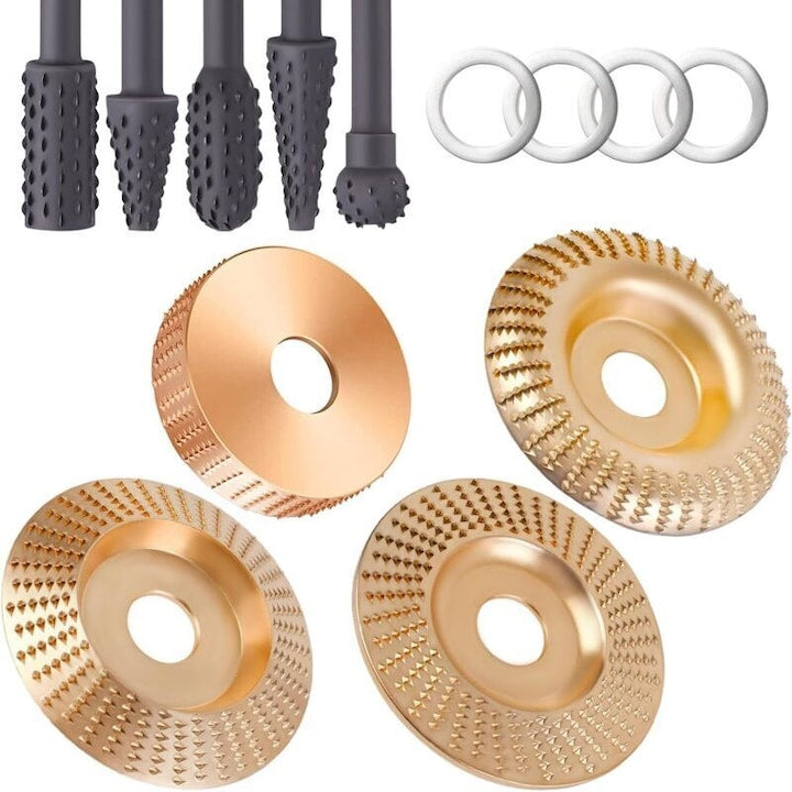 Wood Carving Disc Set for Angle Grinders, Carbon Steel, Compatible with 4"/4.5" (100/115 mm), 22 mm/M10 Bore for 7/8" Shaft, Includes 4 Discs, 5 Rotary Burrs, and 4 Reducer Rings, Multicolor