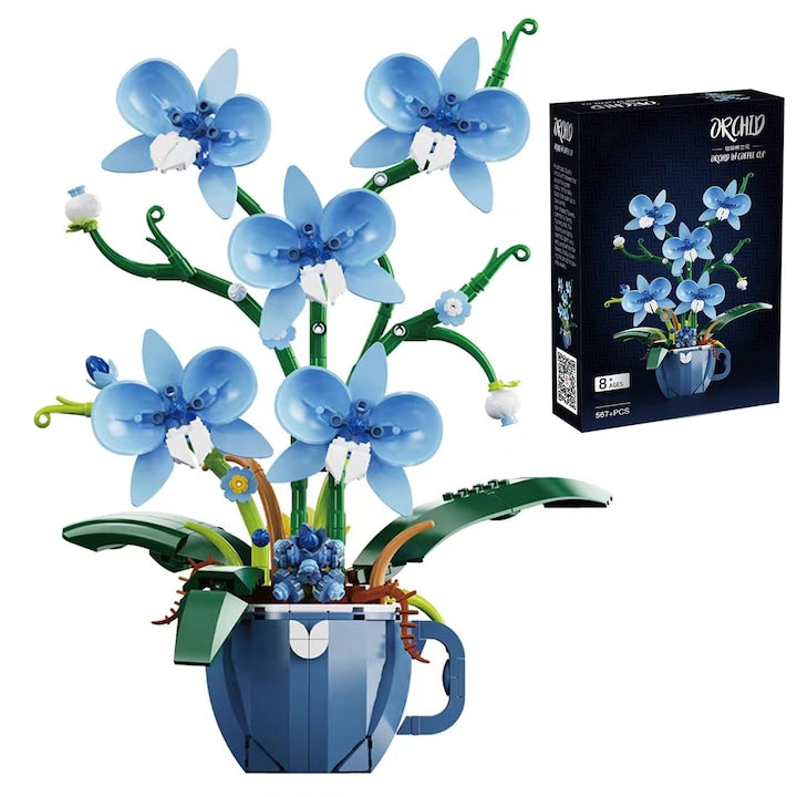 Blue Orchid Flower Building Set for Adults, Orchid Botanical Collection Plant Building Kit, Coffee Cup, Home and Office Decor Gift for Christmas, Valentine's Day, Birthday, WALALLA, 567 pcs