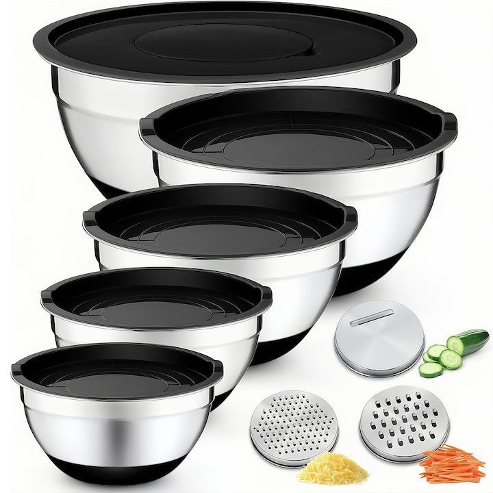 Set 5 Boluri Inox cu Capace Baza Silicon Antiderapanta cu capac din plastic Inox Inchidere Ermetica Boluri mixare cu baza rotunda Bol bucatarie pentru aperitive sosuri si mese festive 18cm+20cm+22cm+24cm+26cm Negru