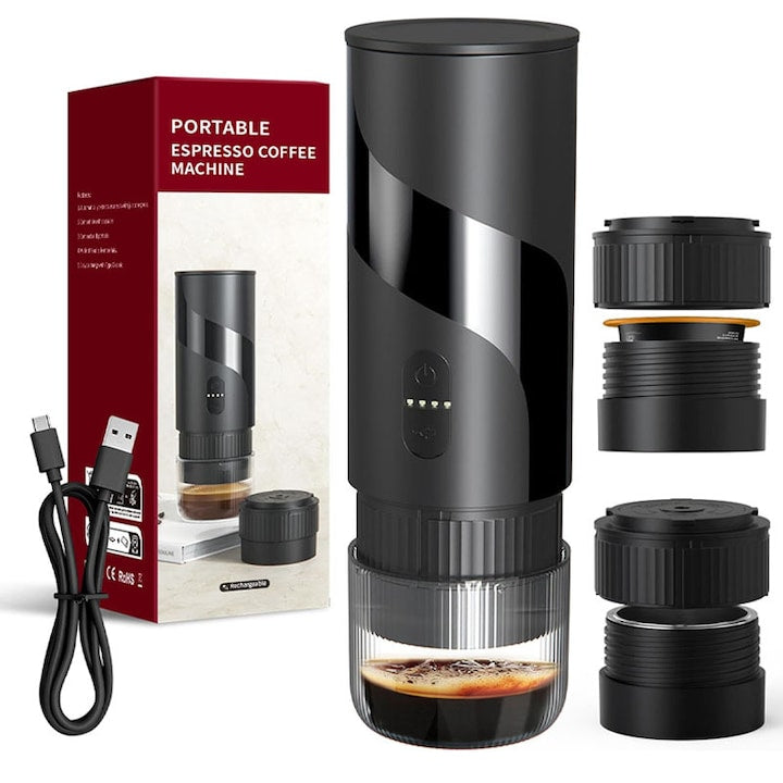 Espressor Portabil 2 in 1 Duueyct Compatibil Capsule Mari Capsule Mici si Cafea Macinata Incarcare USB-C Baterie 1500mAh Presiune 20 bar Rezervor apa 100 ml Ideal pentru Casa Birou Masina Camping si Drumetii Negru