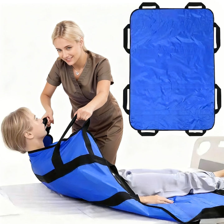 Saltea de transfer pentru pacienti Tressino 120x100 cm Placa de transfer pentru pat cu Manere pentru Manevrare Usoara Panza Oxford 420D Lavabila Persoane in varsta si bolnave care muta cearsafurile Albastru