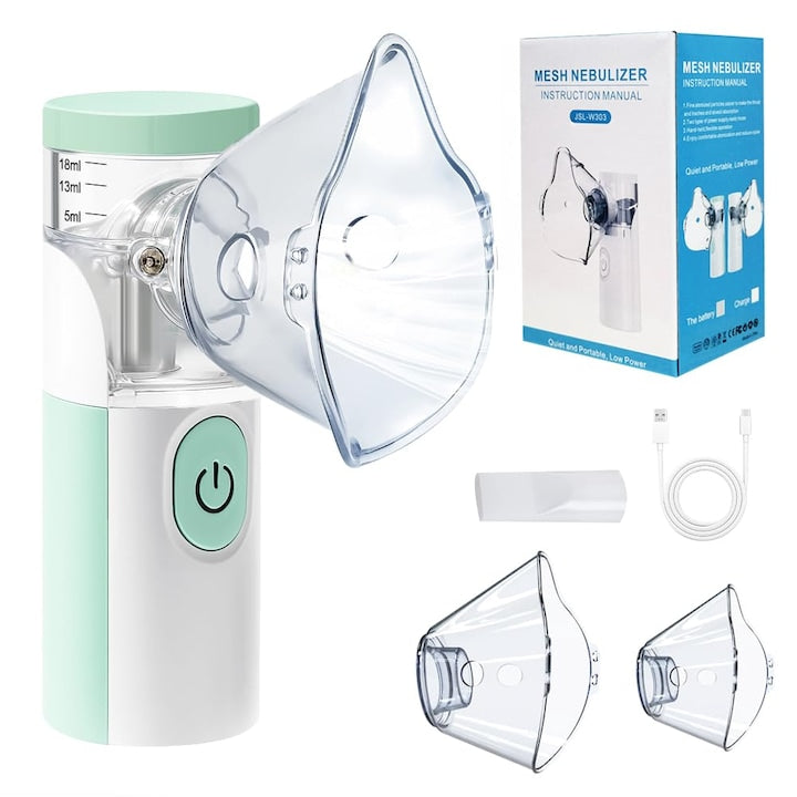 Nebulizator portabil 3 setari de putere functionare silentioasa alimentat de la retea sau baterie include masca faciala si piesa bucala potrivit pentru copii si adulti verde