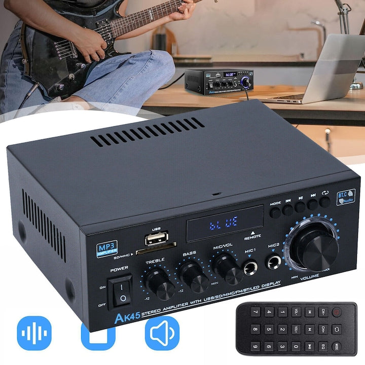 Bluetooth 5.0 40Wx2 Amplifier AK-45 2-Channel HiFi Stereo Audio Amplifier Mini Power Amplifier USB/SD Card/FM/2 Microphone Audio Input for Home Theater Radio Karaoke System