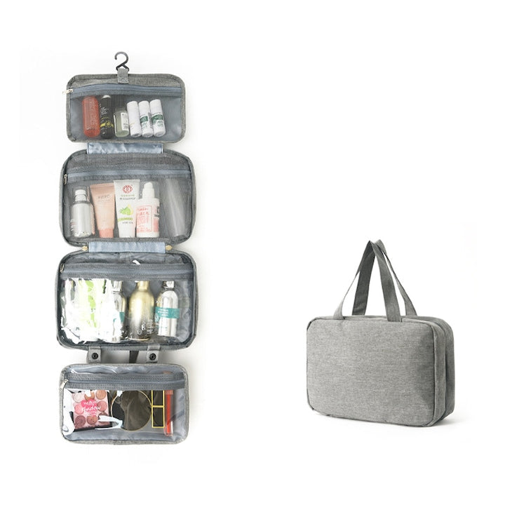 Rqiurpn Travel Toiletry Bag, Waterproof, With 4 Compartments and Built-in Hook, Wet and Dry Separation Design, Easy to Carry, 27 x 8 x 18 cm, PU/PVC, Grey