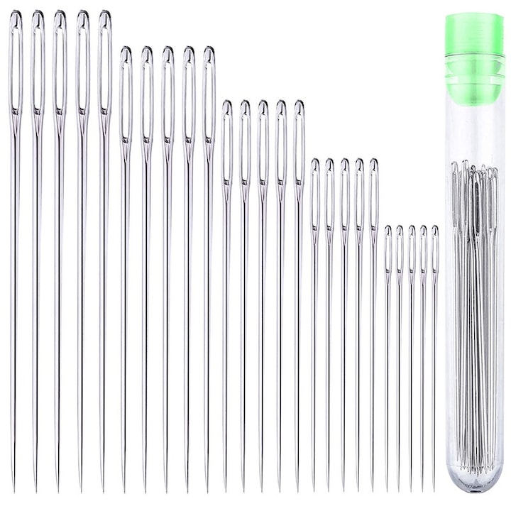 Set 25 Ace de Cusut cu Ochi Largi Inox 4-6cm Tub Transparent de Depozitare Argintiu